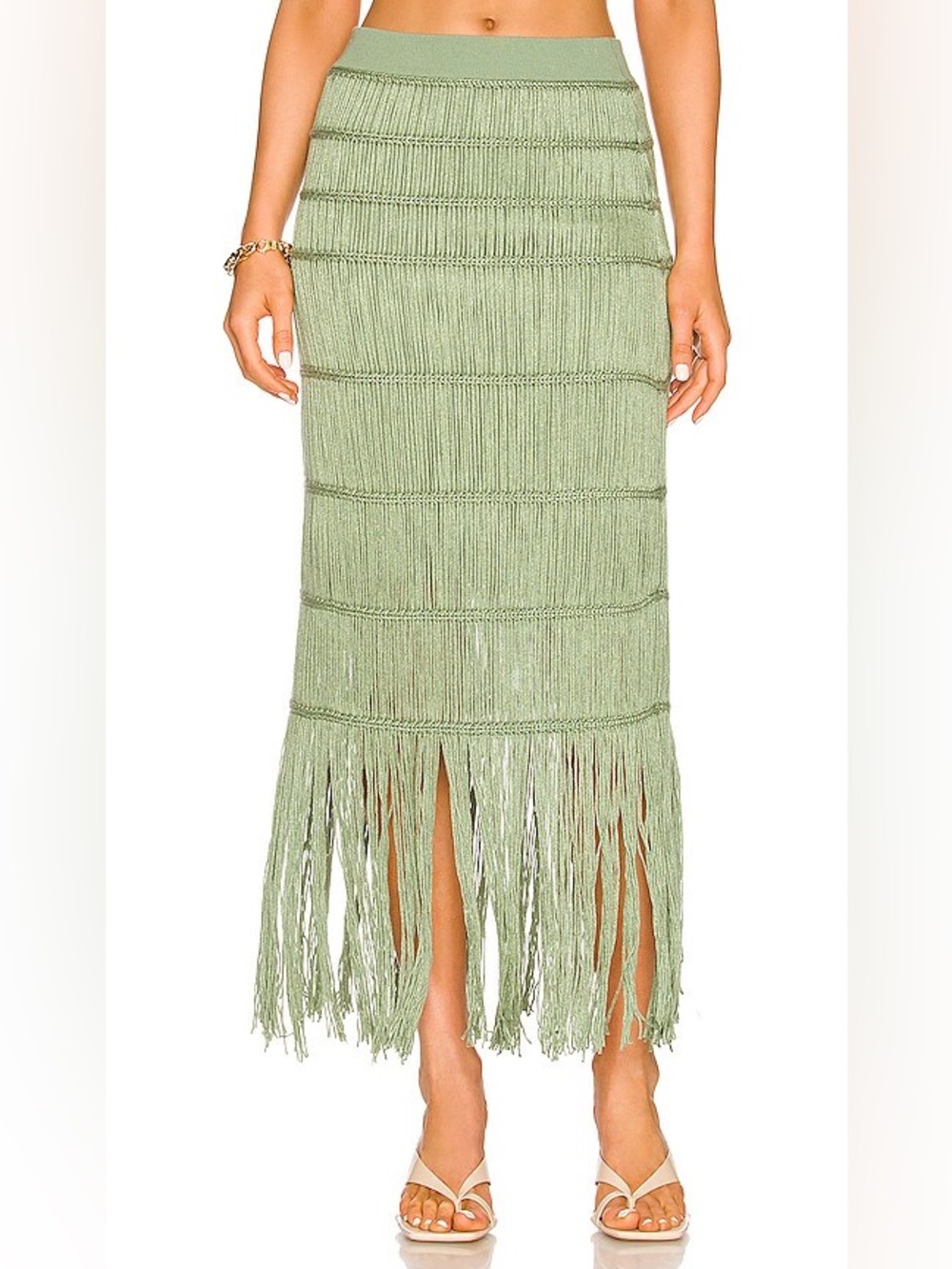 NWT Jonathan Simkhai Cordelia Fringe Midi Skirt in Jade Green, Size Large